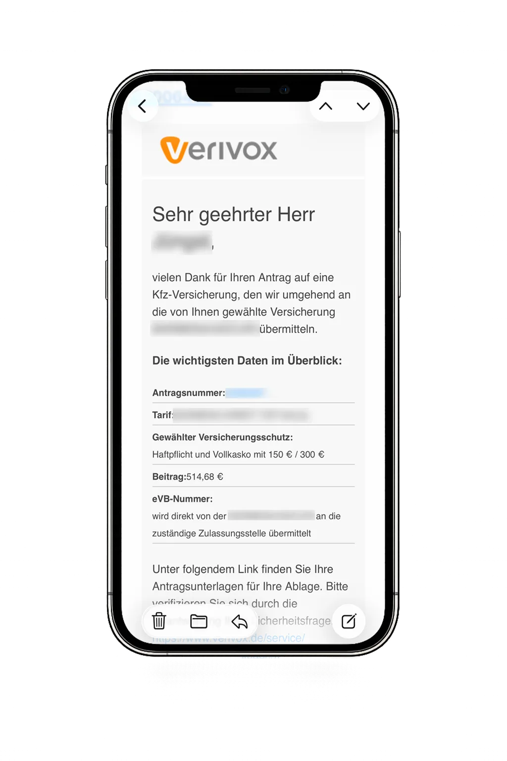 Screenshot: erhaltene eVB-Nummer auf dem iPhone